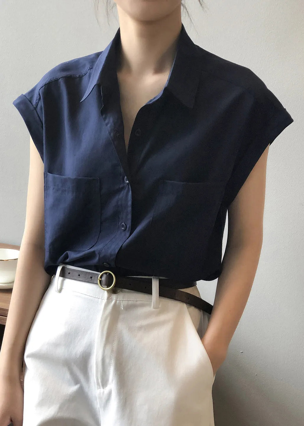 Navy Peter Pan Collar Shirts Summer