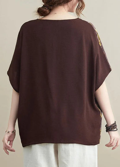 Chocolate V Neck Patchwork Print Oriental Button Cotton Tops Short Sleeve