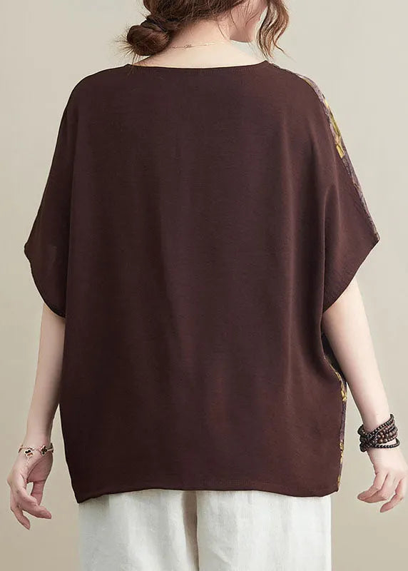 Chocolate V Neck Patchwork Print Oriental Button Cotton Tops Short Sleeve