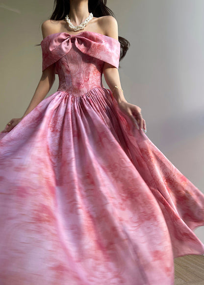 Pink Slash Neck Wrinkled Print Silk Dress Summer