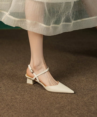 Beige Splicing Cowhide Leather Chunky Sandals Pointed Toe