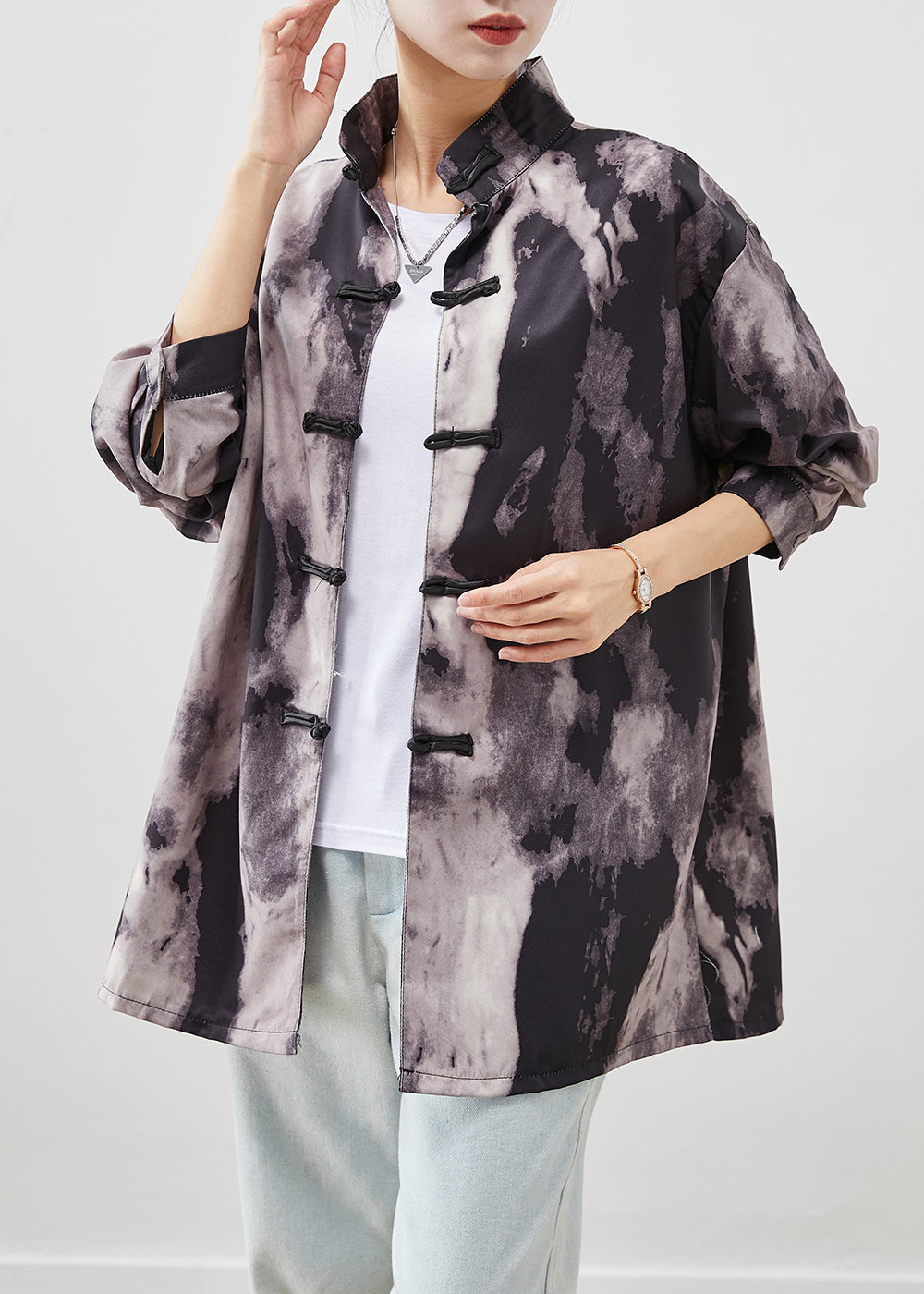 Black Oversized Tie Dye Spandex Shirts Fall