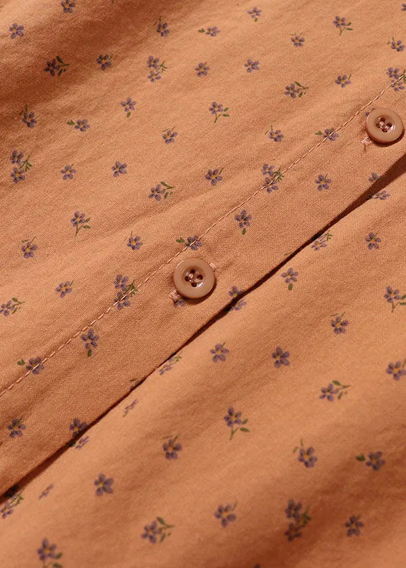 Natural Peter Pan Collar Print Cotton Shirts Spring