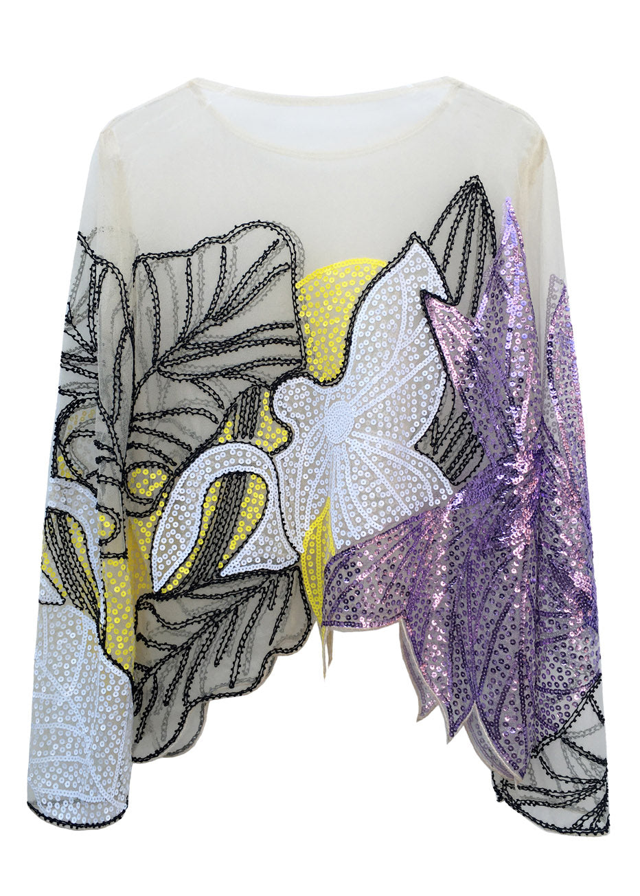 Green O-neck Print Sequins Thin Top Fall
