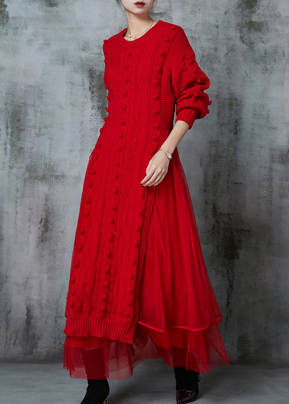 Red Fuzzy Ball Decorated Knit Dress Two Piece Suit Set Spring