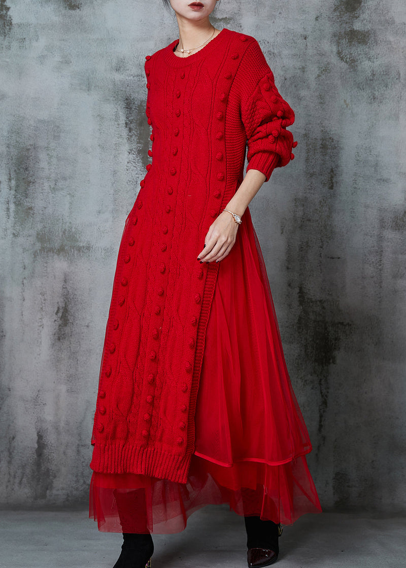 Red Fuzzy Ball Decorated Knit Dress Two Piece Suit Set Spring
