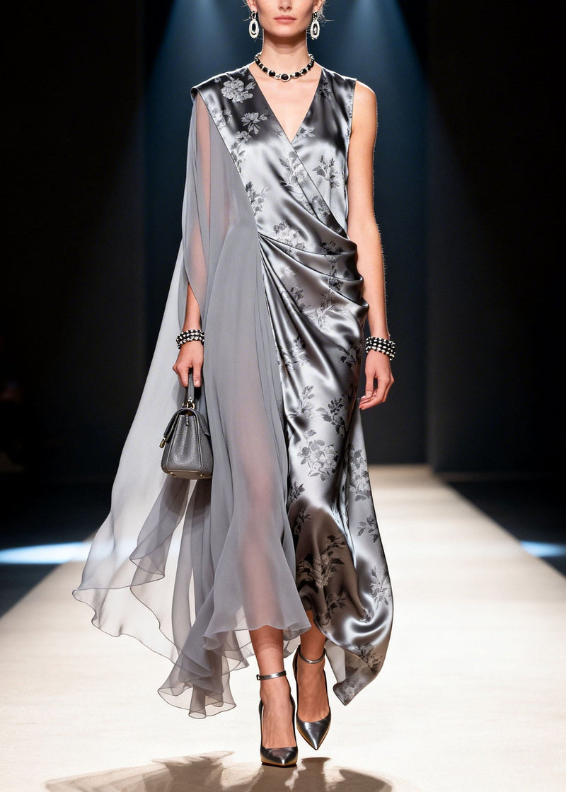 Fine V Neck Asymmetrical Design Print Patchwork Chiffon Dress Summer