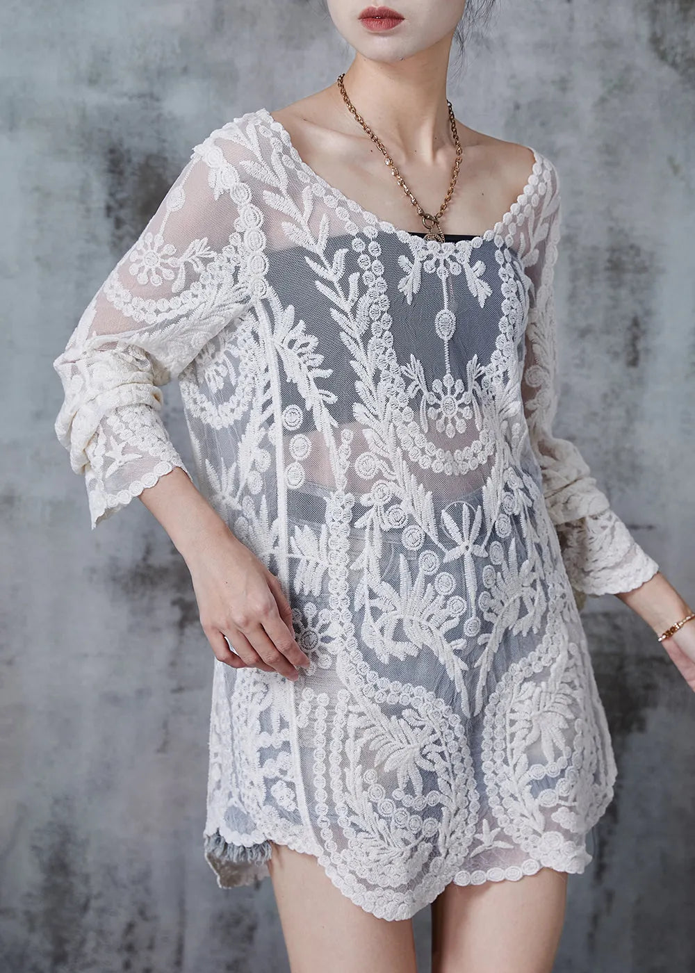 White Embroidered Hollow Out Tulle Long Smock Summer