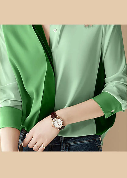 Italian Green Button Peter Pan Collar Patchwork Blouse Top Long Sleeve