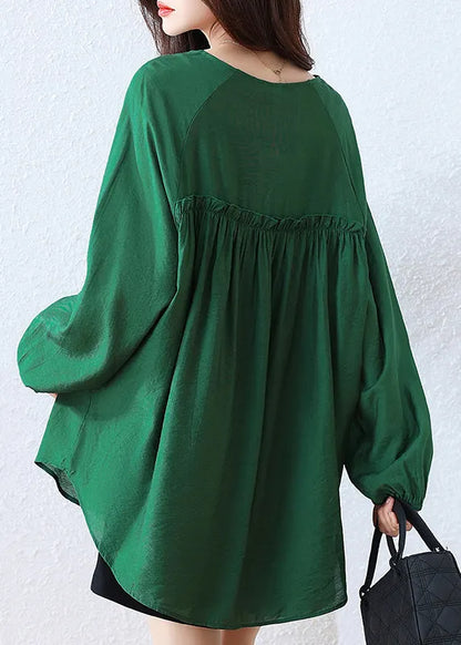 Tea Green Cotton Shirt V Neck Oversized Fall