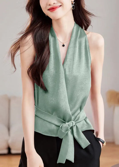 Green Tie Waist Silk Tank V Neck Summer