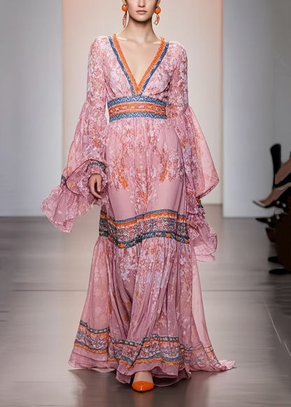 Pink V Neck Print Chiffon Holiday Dress Spring