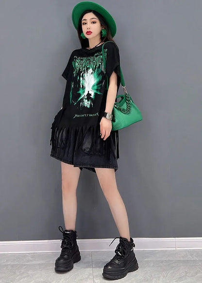 French Black O-neck Tassel Print Cotton Tank Tops Short Sleeve