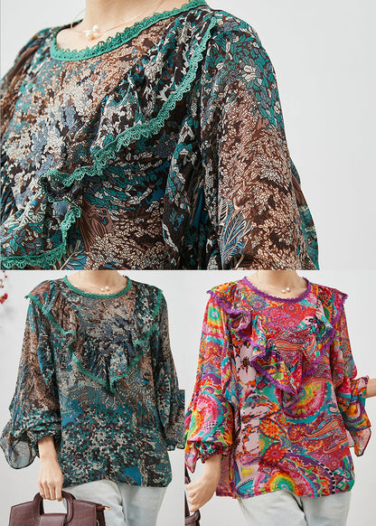 Green Ruffled Print Chiffon Tops Lantern Sleeve