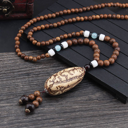 Buddha Stones Tibetan Wenge Wood Bodhi Seed Agate Balance Peace Necklace Pendant