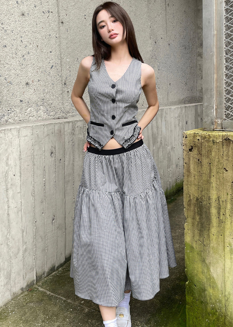 Natural Black White Plaid V Neck Patchwork Waistcoat and Maxi Skirts Two Pieces Set Summer