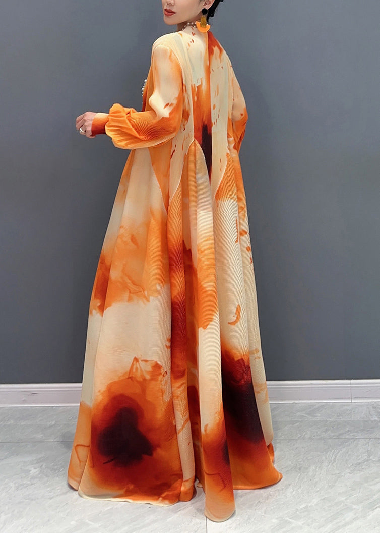 Orange Stand Collar Wrinkled Chiffon Long Dress Spring