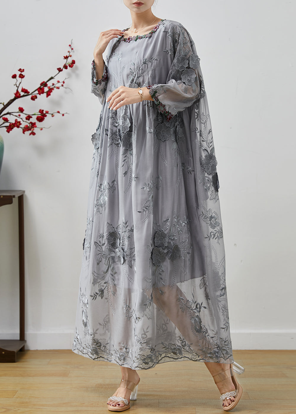 Grey Embroidered Silk Party Dress Fall