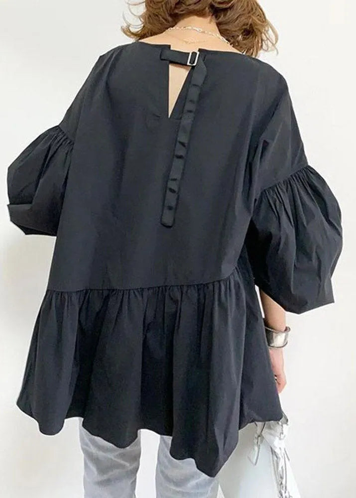 Black V Neck Wrinkled Shirts Lantern Sleeve