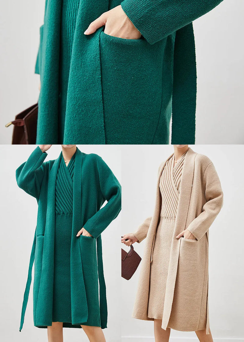 Khaki Warm Knit Sets 2 Pieces V Neck Tie Waist Winter