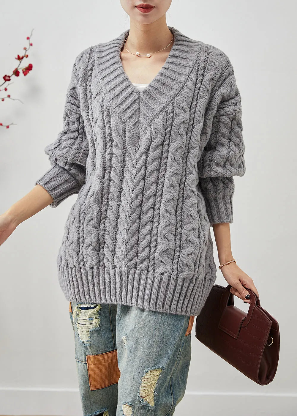 Grey Oversized Thick Cable Knit Sweater Tops Winter