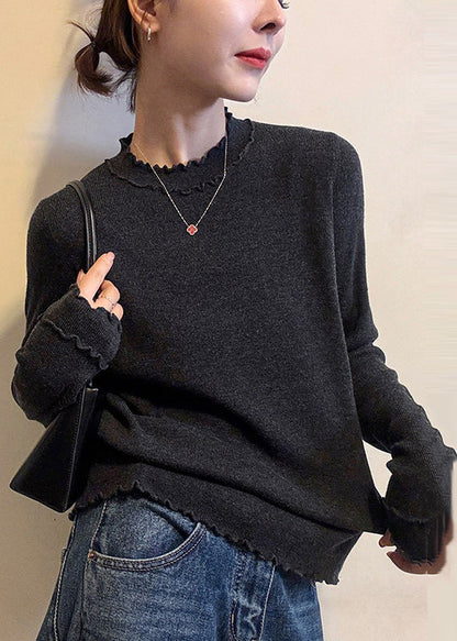 Grey Ruffled Silm Fit Knit Pullover Spring