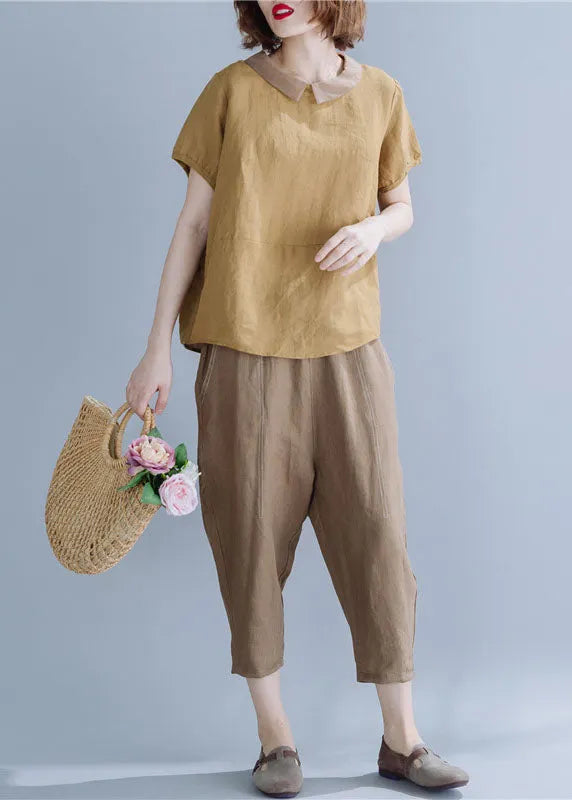 Khaki Peter Pan Collar Patchwork Linen Shirts Short Sleeve