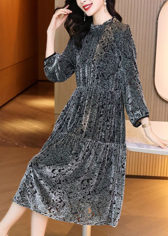 Grey O-neck Patchwork Print Silk Velour Maxi Dress Spring