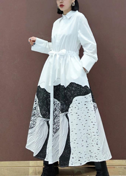 Simple Lapel Drawstring Spring Dresses Work Outfits White Print a Line Dress