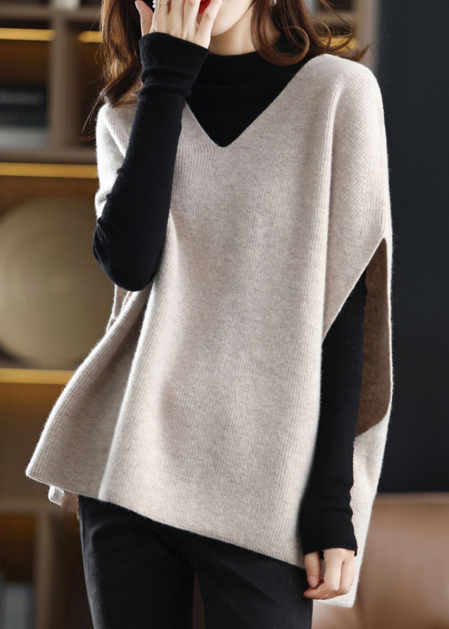 Beige V Neck Thick Knit Vest Sleeveless