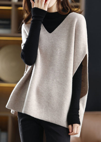 Beige V Neck Thick Knit Vest Sleeveless