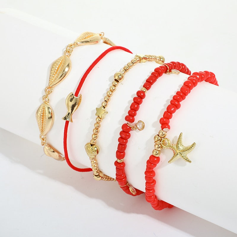 Shell Red Beaded Anklet Set