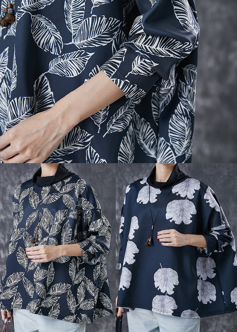 Black Turtle Neck Lotus Leaf Print Spandex Top Spring