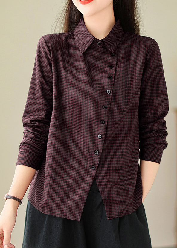 Dull Red Peter Pan Collar Plaid Button Cotton Shirt Spring