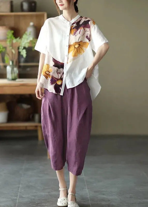 White Asymmetrical Design Print Loose Fall Shirt Half Sleeve