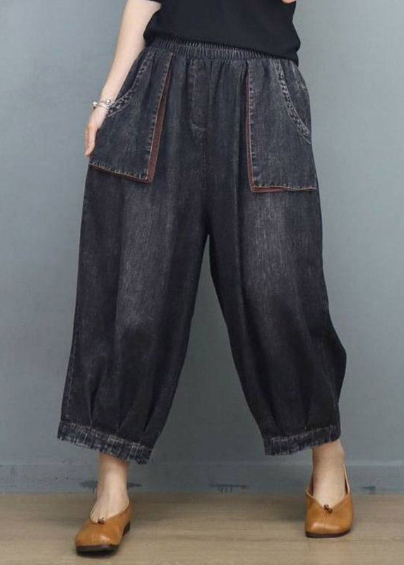 Black Elastic Waist Crop Wide Leg Jeans