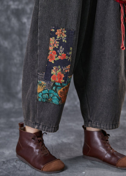 Black Oversized Patchwork Applique Denim Pants Summer