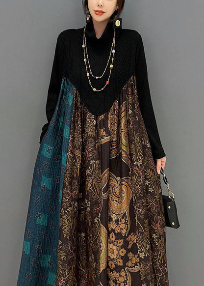 Boutique Black High Neck Patchwork Exra Large Hem Cotton Robe Dresses Spring