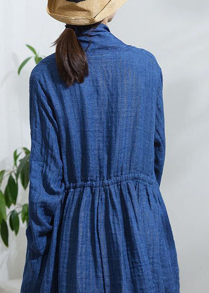 Blue Bow Button Drawstring Trench Coats Long Sleeve