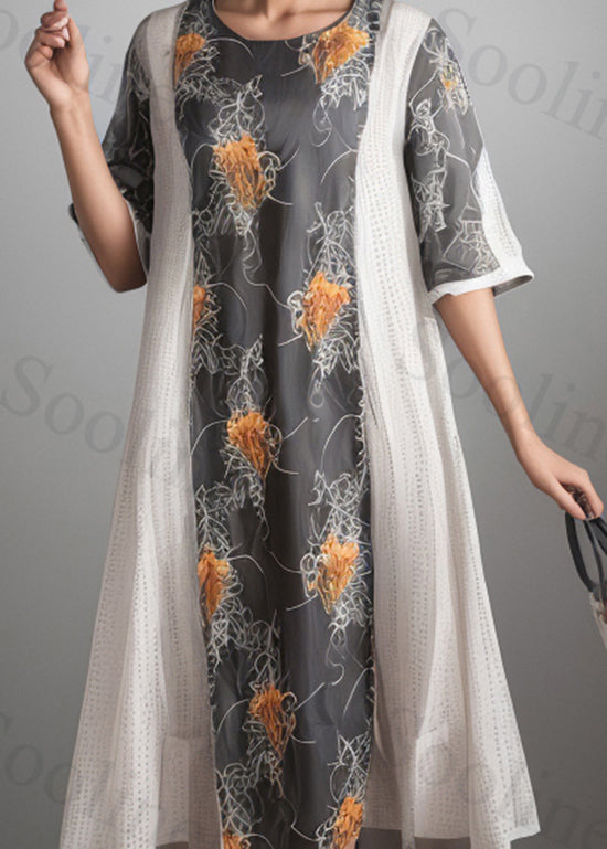 Loose Colorblock O Neck Print Patchwork Silk Dress Summer