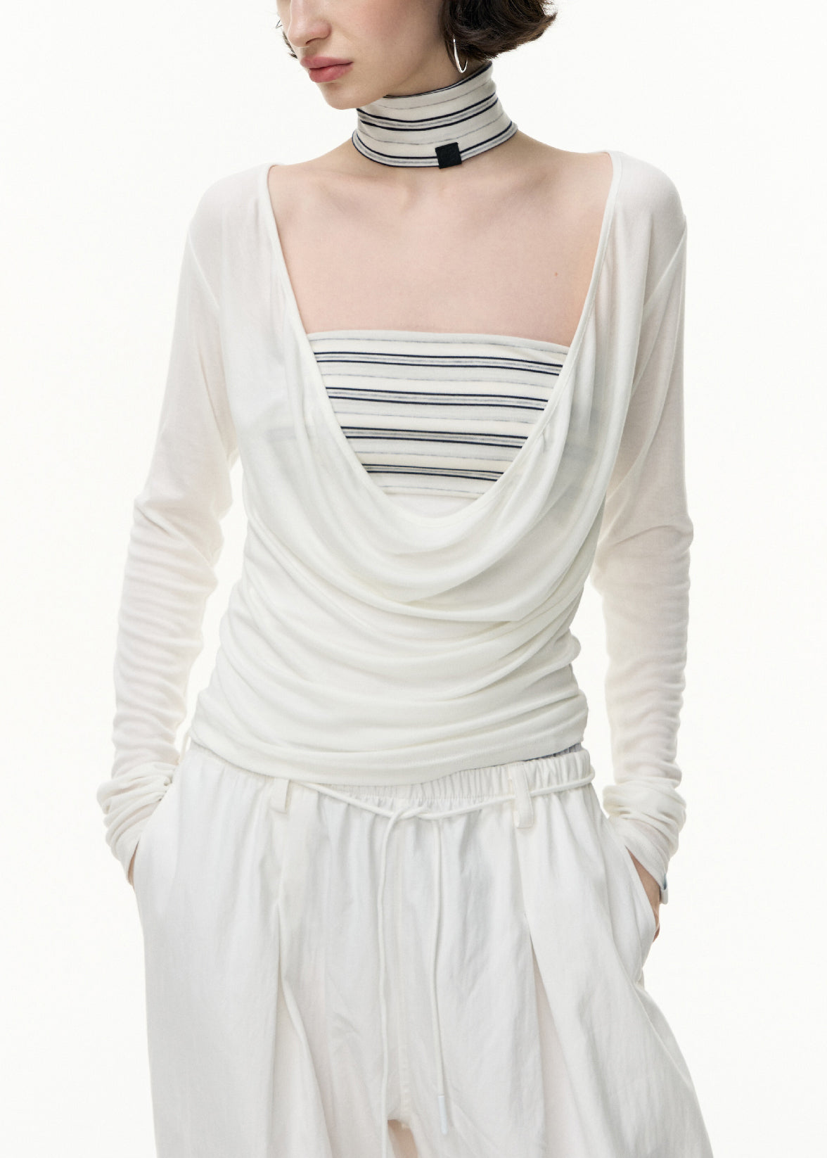 White Striped Slim Fit Cotton Two Pieces Set V Neck