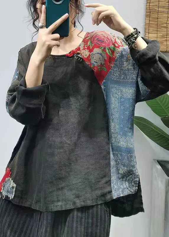 Black Low High Design Linen Blouses Top Long Sleeve
