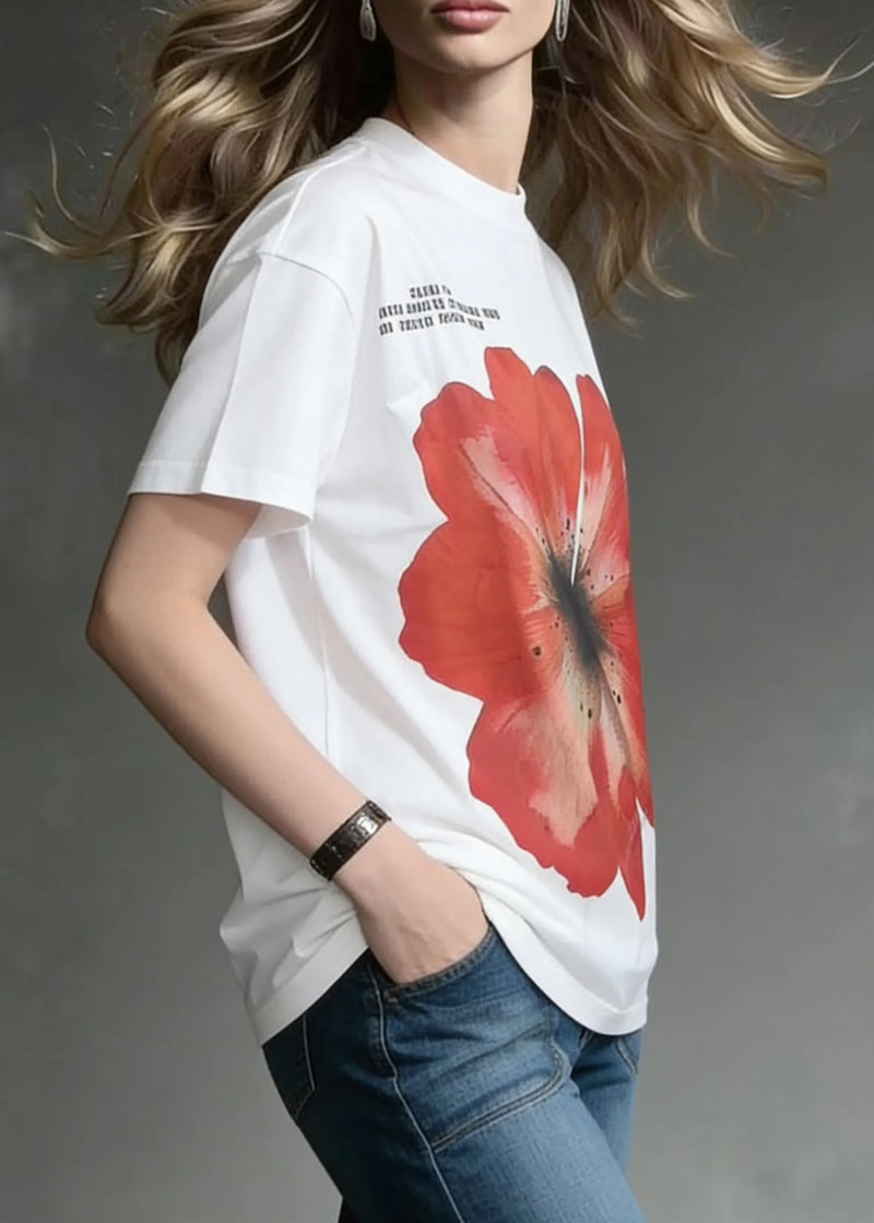 Loose White O-neck Print Letter Cotton T Shirts Summer