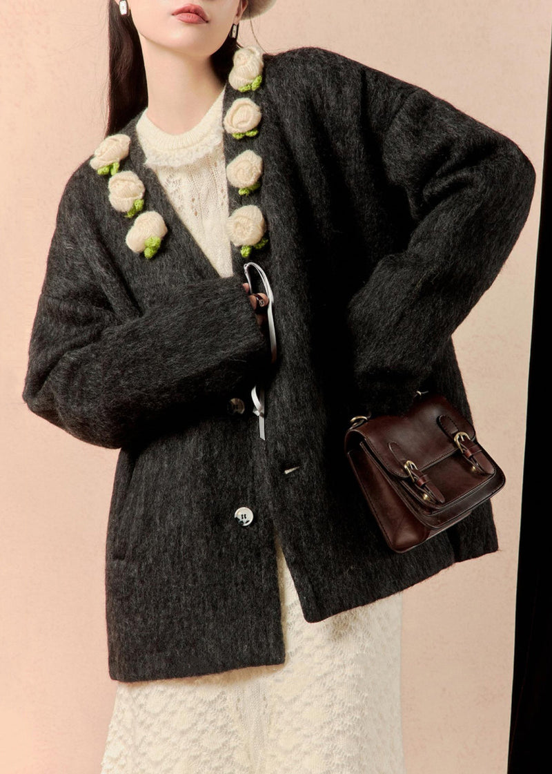Loose Black Button Patchwork Woolen Coat Winter