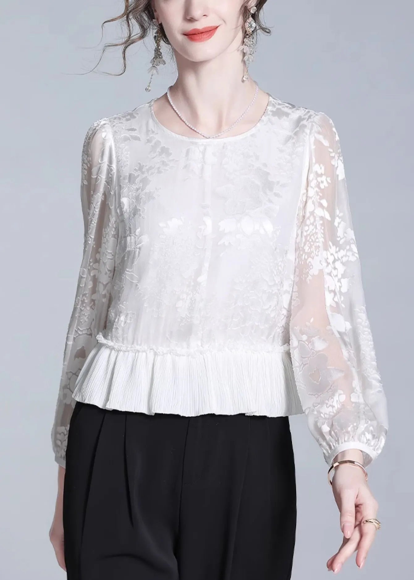 Jacquard White Ruffled Zippered Silk Tops Fall