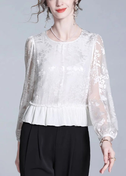 Jacquard White Ruffled Zippered Silk Tops Fall