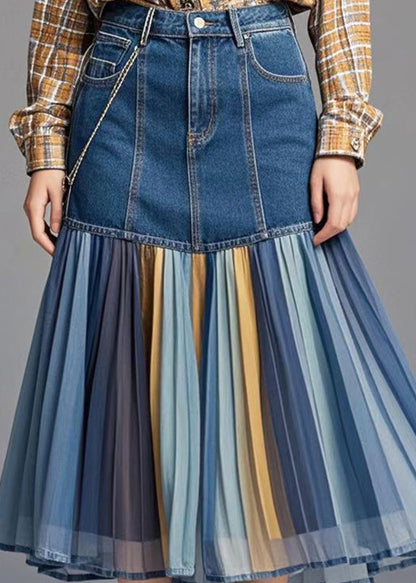 Blue Patchwork Rainbow Striped Denim Skirt Spring