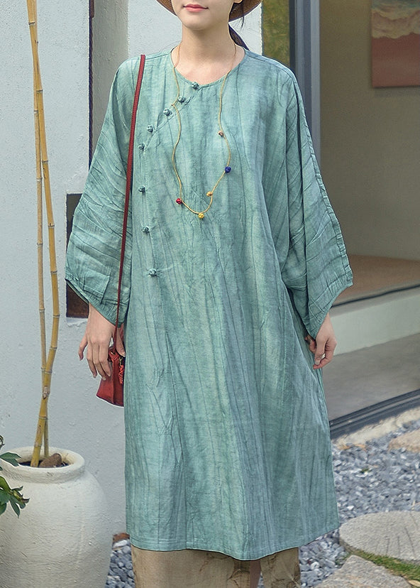 Beige O Neck Oriental Button Patchwork Cotton Dress Fall
