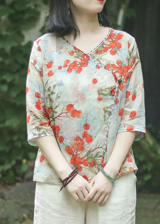 Slim Fit Light Green Button V Neck Linen Tops Three Quarter Sleeve
