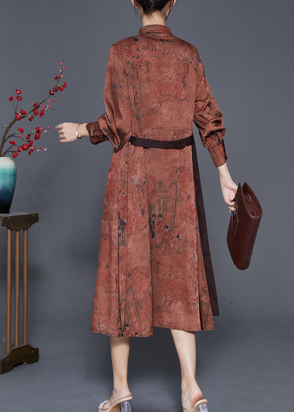 Coffee Stand Collar Print Tie Waist Silk Holiday Dress Spring